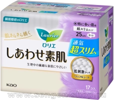 Супертонкие гигиенические прокладки KAO "Laurier" Happy Skin Ventilation Super Slim, с крылышками, длина: 25см, в упаковке 17шт.