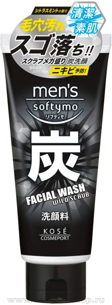 Мужская пенка-скраб с древесным углем, KOSE Mens Softymo Facial Wash Charcoal, с цитрусово-мятным ароматом, 130г