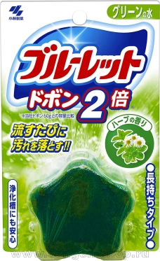 Таблетка для бачка унитаза очищающая и дезодорирующая, KOBAYASHI Bluelet Dobon Double Herb, с эффектом окрашивания воды, с ароматом свежих трав, 120г