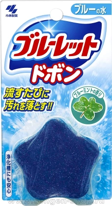 Таблетка для бачка унитаза очищающая и дезодорирующая, KOBAYASHI Bluelet Dobon Double Blue Mint, с эффектом окрашивания воды, с ароматом мяты, 60г